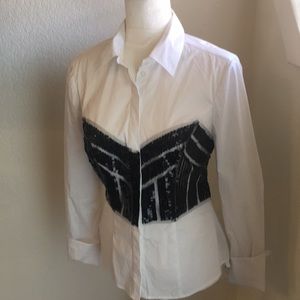 BeBe white blouse with black sequin bust detail